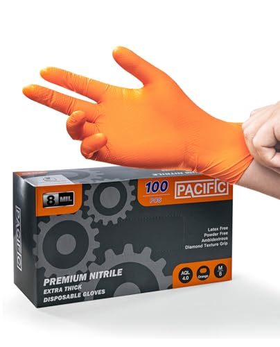 PACIFIC 8-mil Orange Nitril Einweghandschuhe Heavy-Duty Industriell Mechanisch Diamantstrukturiert Latexfrei Puderfrei EN 374 M