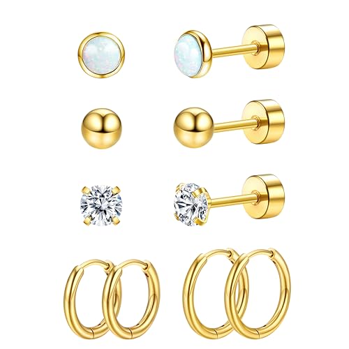 KRFY 5 Paar Titan Ohrringe für Damen Herren G23 Titan Ohrstecker Creolen Opal Zirkonia Ohren Piercing Hypoallergene Titan Ohrringe 20G Flatback Creolen Ohrstecker für Damen Mädchen