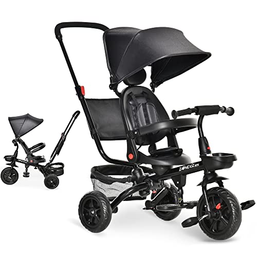 HOMCOM drehbarer 4 1 Fahrrad Sicherheitsgurt Sonnendach Kinderauto Metall Polyester Eva Schwarz 111 5x 52x 98 cm