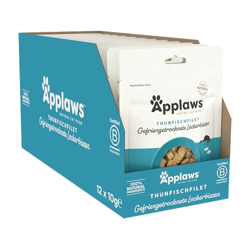 Applaws 100% natürliche Katzensnacks gefriergetrocknetes Thunfischfilet - Packung mit 12 x 10g Beuteln