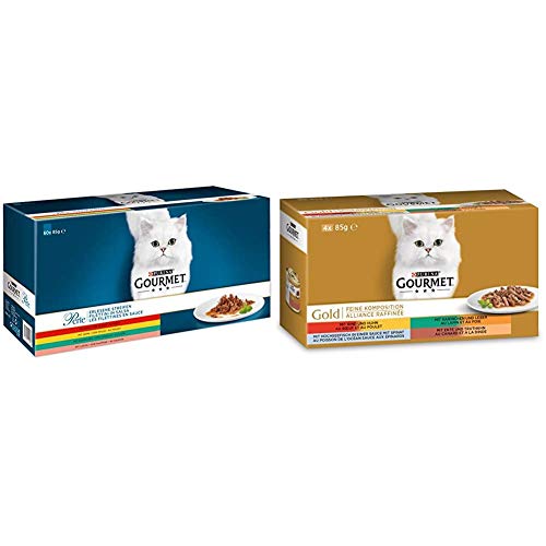 Purina GOURMET Perle Erlesene Streifen Katzennassfutter mit Huhn Rind Lachs Kaninchen hochwertiges Katzenfutter 60er Multipack Gold Feine Komposition Katzennassfutter 12 x 4 x 85 g