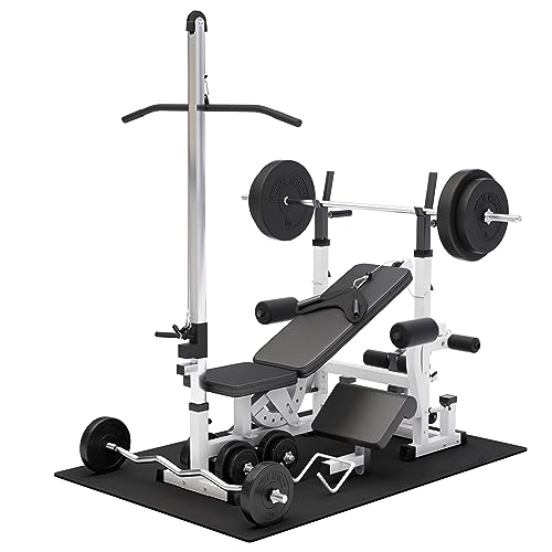 GORILLA SPORTS Kraftstation - Hantelbank mit verstellbare Hantelablage Latzugturm Butterfly Curlpult Beincurler und 100 kg Hantelset - Trainingsbank Fitnessstation Trainingsstation