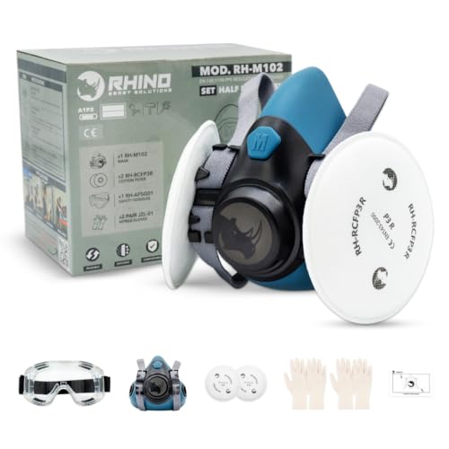 RHINO Smart Solutions Atemschutzmaske Staub RH-M102 Atemschutz Respirator Mask P3R FFP3 Filter mit Schutzbrille Gas Maske für Feinstaub Lackierer Schimmel Artbeiten Schleifen