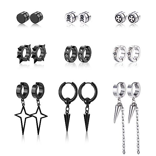 Dochais 18 Stück Kpop Ohrringe Edelstahl Herren Ohrringe Hoop Punk Magnetische Ohrstecker Ohrringe Creolen Gothic Nicht Durchbohrte Ohrringe Schwarz Silber Hängend für Herren Damen