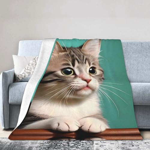 HYTTER Eine neugierige Katze 152 4 x 127 cm superweiche Flanelldecke pflegeleicht und langlebig geeignet für Bett Sofa Camping Reisen