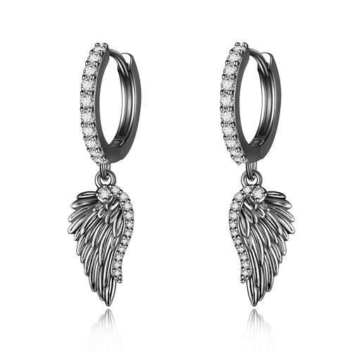 Engelsflügel Ohrringe S925 Sterlingsilber Engelsflügel Baumelnde Creolen Flügel Schmuck Geschenke Für Frauen Schwarz