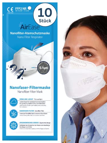 Air Ease FFP2 Masken 10 Stück Fischform weiß CE 2233 zertifiziert einzeln verpackt atmungsaktiver Mundschutz und Atemschutzmaske ohne Ventil
