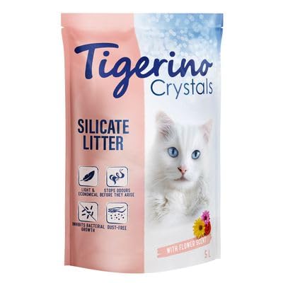 Tigerino Crystals Flower Power Katzenstreu Super Pack 6 x 5 Liter Super saugfähig Einstreu effizient umweltfreundlich mit angenehmem blumigen Duft antibakteriell Campingzelt Katzenhöhle