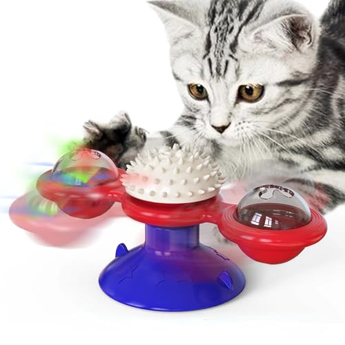 Interactive Windmill Cat Toys with Catnip Interaktives Windmühlen Katzenspielzeug mit Katzenminze Lustiges Katzenspielzeug mit LED-Leuchtball Saugnapf Drehbarer Katzenspielzeug für Katzen Rot