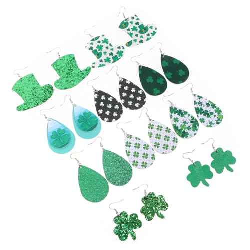 DEARMAMY 10 Paar Ohrringe Mit Vier Kleeblättern St Patricks Day Kostüme Für Damen Grüne Statement-ohrringe Creolen Clip-ohrring Zurück Patricks Day Schmuck Ohrhänger Reifen Green Leder