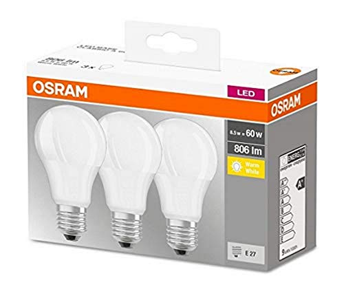 Osram Base Classic A Lampe in Kolbenform mit E27 Sockel nicht dimmbar Ersetzt 8.5W 60Wt Matt Warmweiß   2700 Kelvin 3er Pack