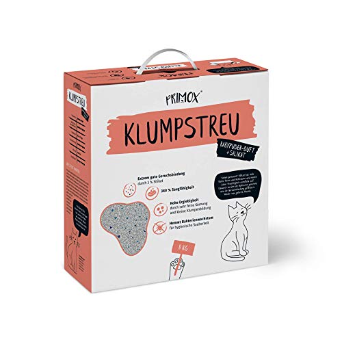 PRIMOX Katzenstreu mit Babypuder-Duft 3% Silikat 380% Saugfähigkeit I Optimale Geruchsbindung Hohe Ergiebigkeit Feine Klumpenbildung Hygiene Frische 8 kg