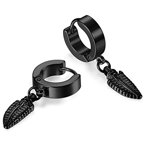 JewelryWe Schmuck Herren Damen Ohrringe Creolen Edelstahl Feder Blatt Laub Huggie Klappcreolen Ohrstecker Ohrhänger Schwarz