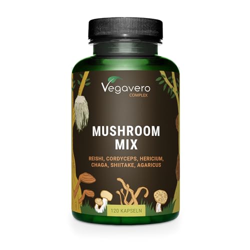 Mushroom Complex 6 Vitalpilze Reishi Cordyceps Shiitake Chaga Hericium Agaricus PREMIUM Beta-Glucane Polysaccharide Laborgeprüft Vegan - Pur Deutsche Produktion von Vegavero