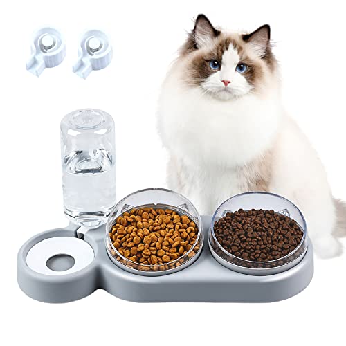 auvstar Katzennapf Futternapf Katze Fressnapf Katze 3 in 1 Katzen Napfset rutschfeste Katzennapf Erhöht mit Automatischem Wasserspender für Kleine und Mittelgroße Hunde und Katzen grau