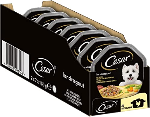 Cesar Adult Hundenassfutter Landragout 14 Schalen 14x150g Premium Hundefutter nass mit Huhn Gemüse und braunem Reis