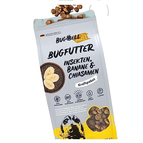 BugBell 900g Trockenfutter für Hunde Insektenprotein ohne Getreide Banane Chia Lachsöl L-Carnitin unterstützen ein aktives Hundeleben 100% transparent Deklaration Hundefutter trocken