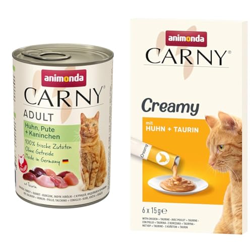 Paket animonda Carny Adult Katzenfutter Huhn Pute Kaninchen 6 x 400 g Creamy - Premium Katzensnack für anspruchsvolle Feinschmecker - zarte Huhn und Taurin in Frischebeuteln - 6 x 15 g