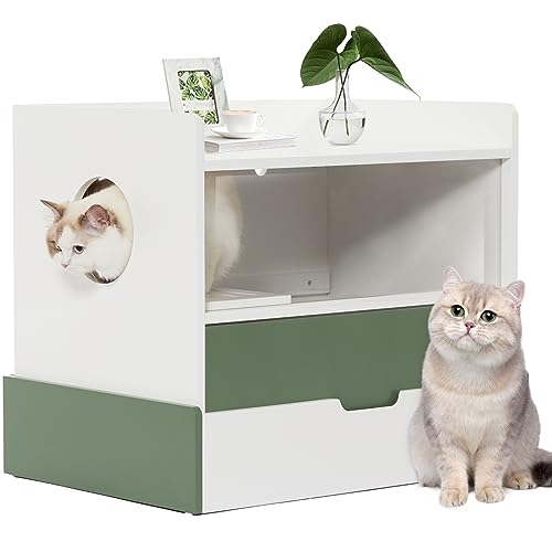 A 4 Pet Katzenschrank für Katzentoilette Katzenklo Schrank mit Schublade für Katze Katzenklo Sichtfenster Großes Katzenklo für Katzen Nachttisch Holz Katzenschrank 7 kg Belastbar Weiß Grün