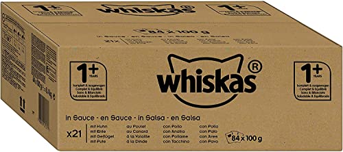 Whiskas 1 Katzennassfutter Geflügel Auswahl in Sauce Hochwertiges Feuchtfutter ausgewachsene Katzen im Portionsbeutel Katzenfutter Großpackung 84x 100g