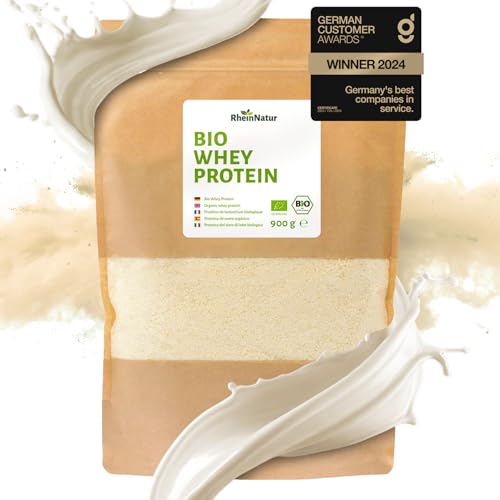 RheinNatur Bio Whey Protein-Pulver 900 g - Geschmacksneutrales Eiweißpulver ohne Zusatzstoffe ohne Soja - 100% reines Bio Molke-Protein für Proteinshakes