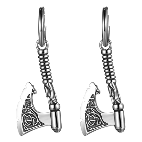 JewelryWe Wikinger Ohrringe Herren Axt Edelstahl Creolen Ohrstecker Mjölnir Ohrhänger mit Keltischen Knoten Amulett Wikinger Axt Anhänger Hängende Ohrringe für Mann Freund Silber