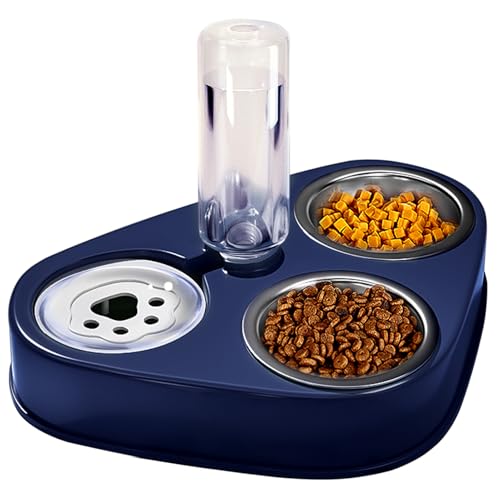 Rostfreier Stahl Doppelnapf 3 in 1 Katzenfutternäpfe Hoch mit Automatischem Wasserspender Doppelter Futternapf Kleine und Mittlere Katzen und Hunde Blau