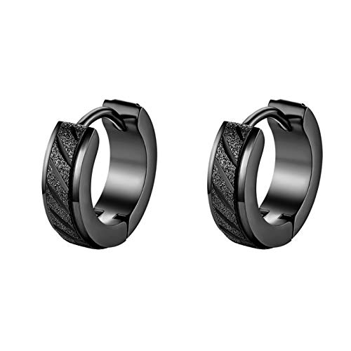 JewelryWe Schmuck Creolen Ohrringe Edelstahl Sandgestrahlt Streifen Huggie Hoop Klappcreolen Ohrschmuck Ohrstecker für Herren Damen Schwarz