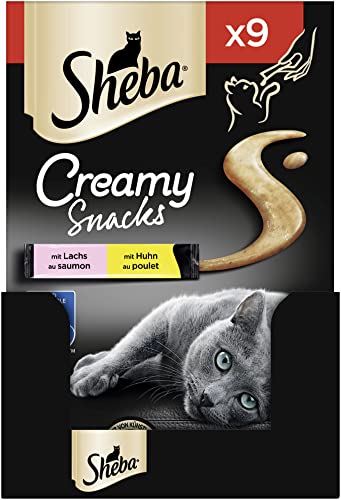 Sheba Creamy Snacks Cremiges Leckerli Huhn Lachs Praktische Sticks zum aus der Hand Schlecken 7x 9x 12g