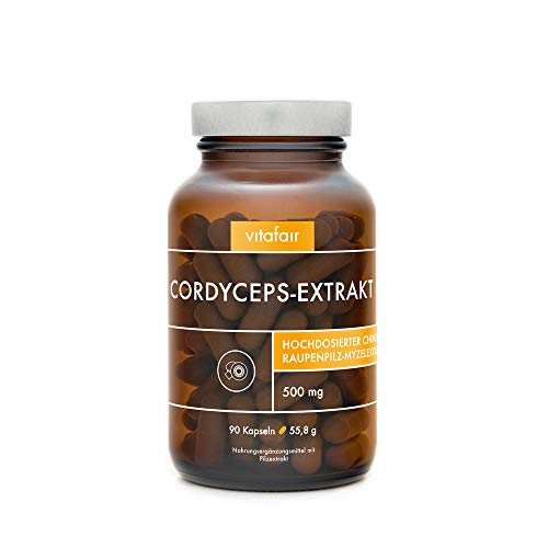 Cordyceps Extrakt - 500mg pro Kapsel - 40% Polysaccharide - Vegan Ohne Magnesiumstearat Braunglas German Quality - 90 Kapseln