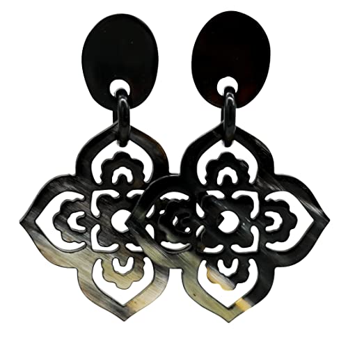 Feliss Damen Schmuck Ohrringe - Creole 60mm marmoriertes Horn - Geschenk für Frauen Ohrstecker hängend besondere Geschenke Creolen lange Hängeohrringe Stecker schwarz-weiß