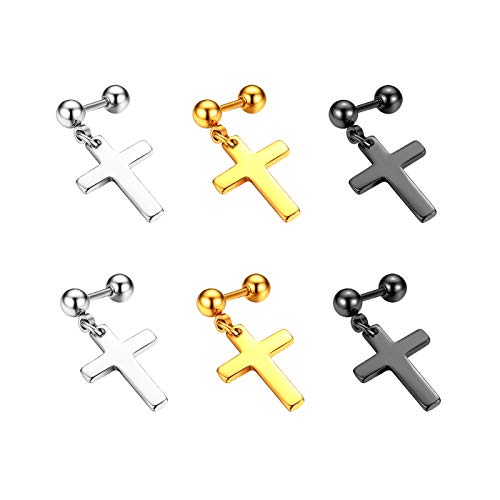 Flongo Herren Ohrstecker Creolen Damen Kreuz Ohrringe Edelstahl Ohrstecker Ohrringe Silber Schwarz Gold Stecker Runden Kreuz Anhänger Männer Frauen 6 Stück Set