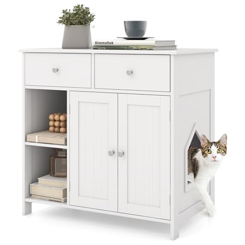 COSTWAY Katzenschrank für Katzentoilette Katzenklo Schrank mit 2 Schubladen 2 Türen Eingang offenen Fächern Katzenhaus Katzenkommode Beistelltisch Katzenmöbel Innen modern 80x51x78cm Weiß