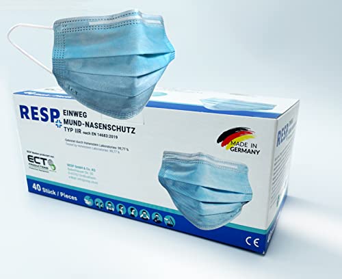 RESP Medizinische OP Maske - MADE IN GERMANY Typ IIR CE Zertifiziert 40 Stück Mundschutz Masken medizinisch für Erwachsene Einwegmaske Chirurgische Mund - Nasen Schutzmaske Einwegmasken 40 Blau