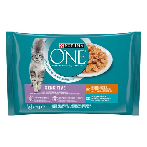 PURINA ONE Feuchte Katze Filellini in Sauce Sensitive mit Huhn und Karotten mit Thunfisch und Karotten 48 Beutel 85 g 12 Packungen mit 4 x 85 g