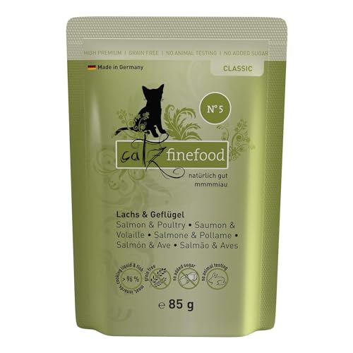 catz finefood Classic N 5 Lachs Geflügel Katzenfutter nass - Gourmet Nassfutter für Ihre Katze ohne Zucker Getreide glutenfrei - mit hohem Fleischanteil Made in Germany 24 x 85g Beutel