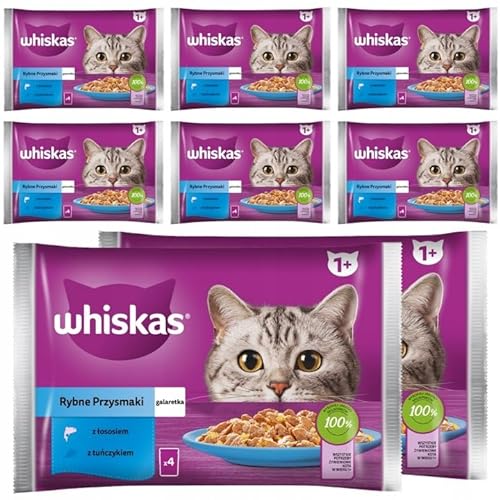 Whiskas Nassfutter Adult 1 Fisch-Auswahl in Gelee mit Lachs und Thunfisch 32 Portionsbeutel 85g 8x4x85g Hochwertiges Nassfutter für ausgewachsene Katzen