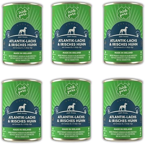 Irish Pure Premium Nassfutter für Hunde 6X 390g Atlantik-Lachs Vitamine Getreidefrei Sensitiv mit Superfood Kelp-Alge Nassfutter für alle Rassen