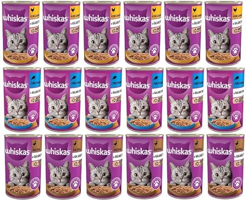 Whiskas Katzenfutter Adult 1 Geschmacksmischung in Gelee mit Thunfisch Huhn und Ente 18 Dosen 18 x 400g