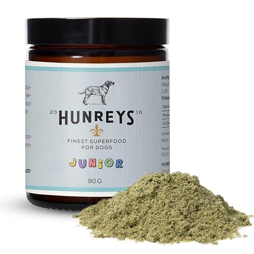 HUNREYS Junior Mix 90g Superfood für Junge Hunde Für gesundes Wachstum Immunsystem Pulver Monatspackung 100% Natürlich Vegan Laborgeprüft