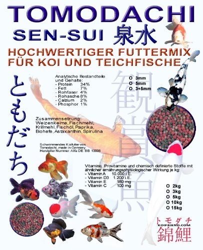 Tomodachi Sen-Sui Koifuttermischung Premium Koimix 3 Color Rot-Grün-Braun Qualitäts - Teichfuttermix mit Spirulina Astax Paprika und Krillmehl Koifutter-Mix 5kg 5mm Pelletgröße