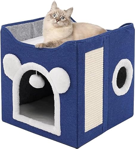 Faltbares Katzenhaus GroÃŸer Katzenhaus HÃ¶hle fÃ¼r Katzen und kleine Hunde mit Kratzbrett und Flauschige Kugel Blau