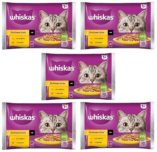 Whiskas Adult 1 Nassfutter für Katzen in Sauce mit Huhn Truthahn 20 Portionsbeutel 5x4x85g Hochwertiges Nassfutter für ausgewachsene Katzen