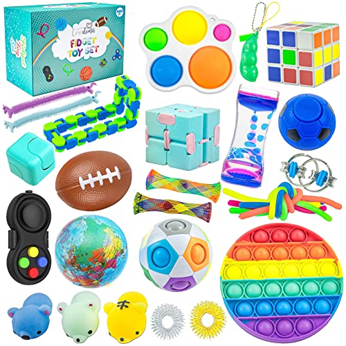 Fidget Toys Set 28 Stück Anti Stress Spielzeug Pop It Set mit Squishy Mochi Simple Stressball Fidget Spinner Anxiety Ring Anti Stress Ball Sensorik Geschenkbox für Kinder und Erwachsene