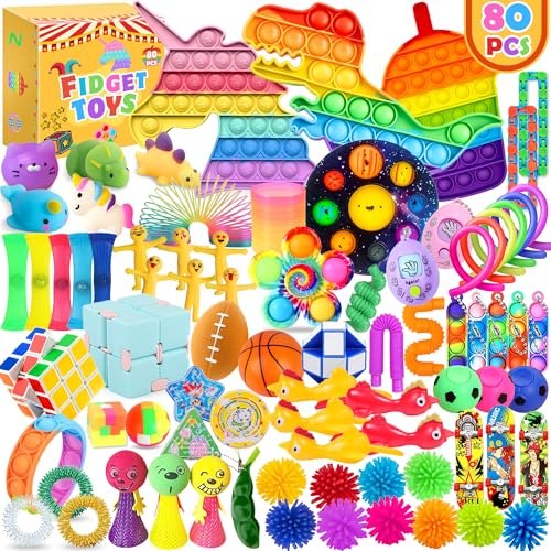 Chennyfun Stressabbau Spielzeug Set 80Pcs Sensory Zappeln Anti Stress Spielzeug-Infinity Cube Sensorisches Spielzeug Set Einhorn Fidget Toys Set Für Kinder Und Angst Mit Angstlust Autismus Und ADHS