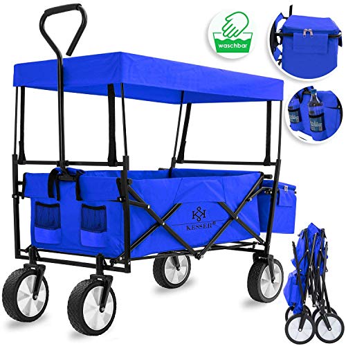 Kesser® Bollerwagen faltbar mit Dach Handwagen Transportkarre Gerätewagen | inkl. 2 Netztaschen und Einer Außentasche | klappbar | Vollgummi-Reifen | bis 100 kg Tragkraft | (Blau)